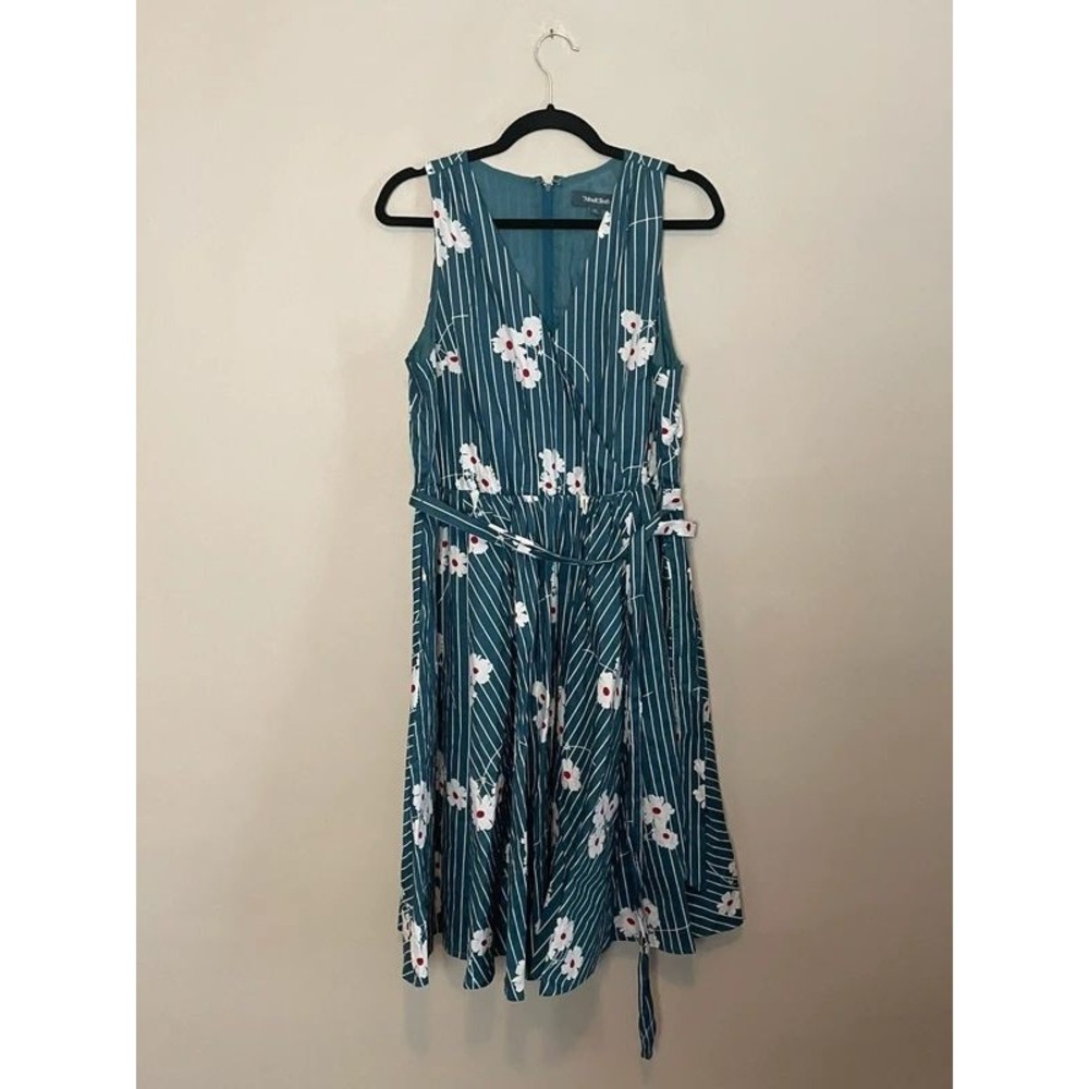 ModCloth Instant Energy Faux-Wrap Dress Teal Striped Floral Daisy Midi 12 - Picture 2 of 5